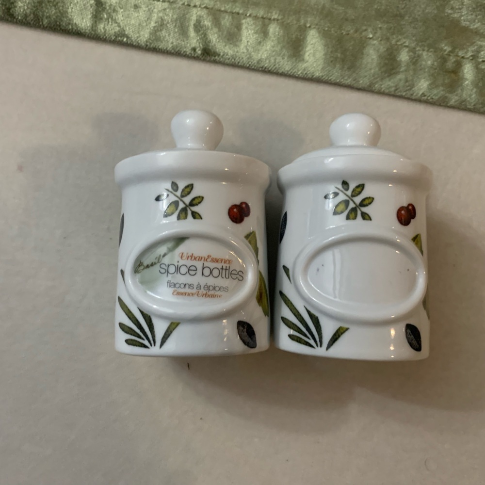 White Ceramic Spice Bottles with Leaf Design